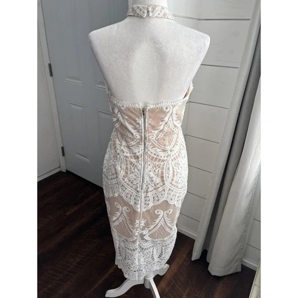 Lulus Dress Womens Medium White‎ Lace Nude Lined Halter Midi Cocktail Bridal - Picture 6 of 10